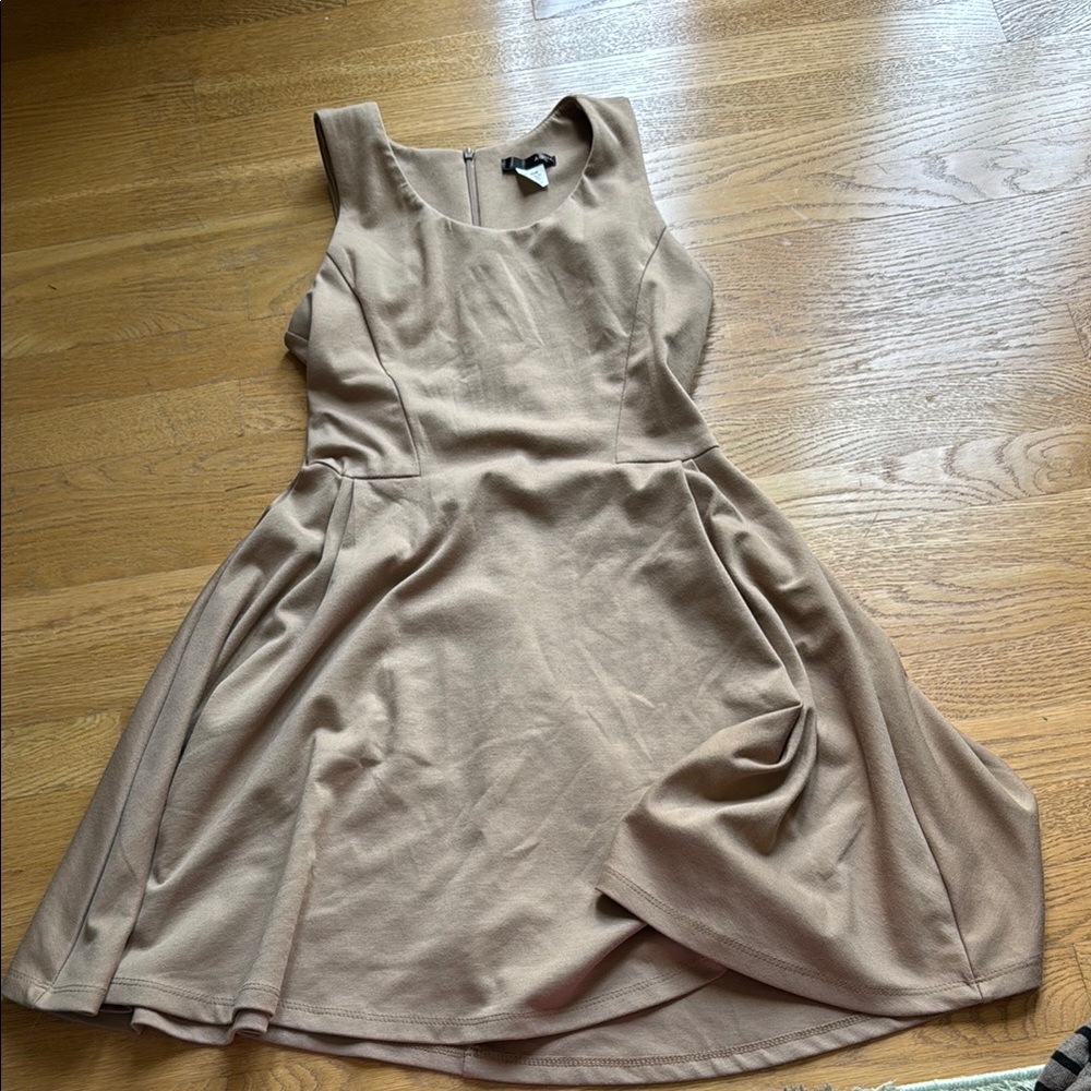 Aqua Brown Tan Pleated Fit and Flare Mini Dress